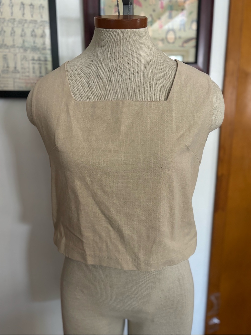 100% COTTON: Square-neck Cropped Minimal Linen-blend Tank Top SZ.S/M (BEIGE)